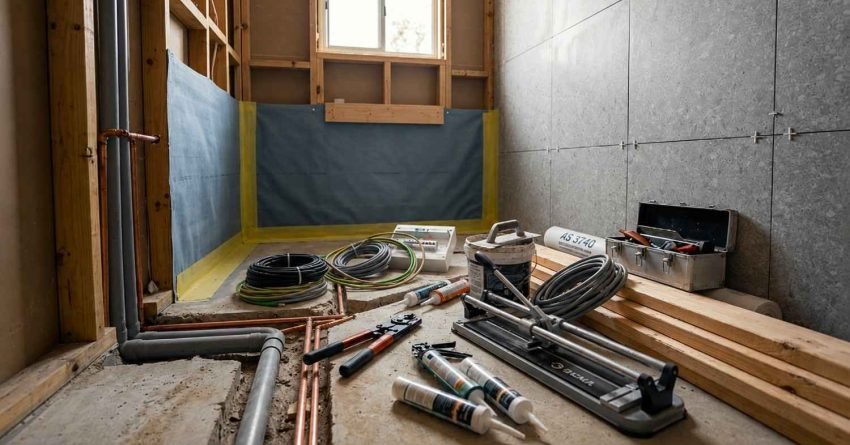 Bathroom renovation in progress with waterproofing membrane, plumbing pipes, electrical wiring, and tiling tools