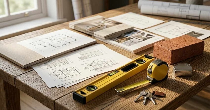 Home extension plans and construction tools on a worktable.