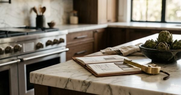 Luxury kitchen renovation planning with marble island, design sketches, and premium appliance backdrop.