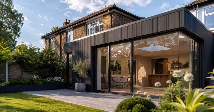 Modern home extension with large sliding glass doors.