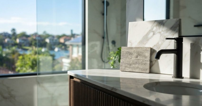 Modern bathroom vanity with a black faucet, stone and marble samples, and a walk-in shower, showcasing bathroom renovation material selections.