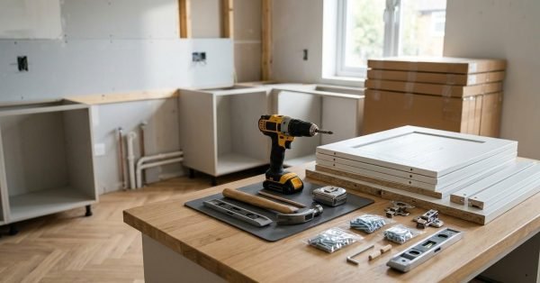Flat-pack kitchen cabinet panels, tools, and hardware laid out for assembly in a partially renovated kitchen.