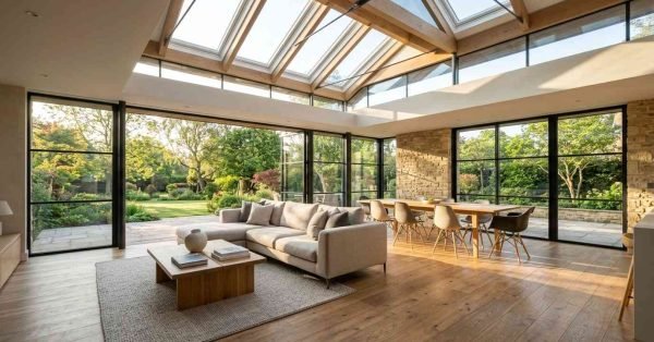 Bright home extension with large skylights, floor-to-ceiling glass doors, and an open-plan living and dining area overlooking a landscaped garden.