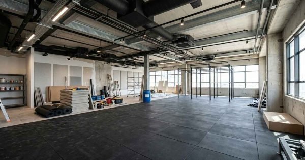 Commercial gym renovation in progress with rubber flooring installation, exposed industrial ceiling, fitness rig assembly, and construction materials onsite