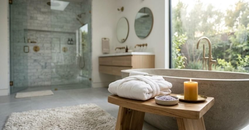 Luxury master bathroom with freestanding tub and glass shower.