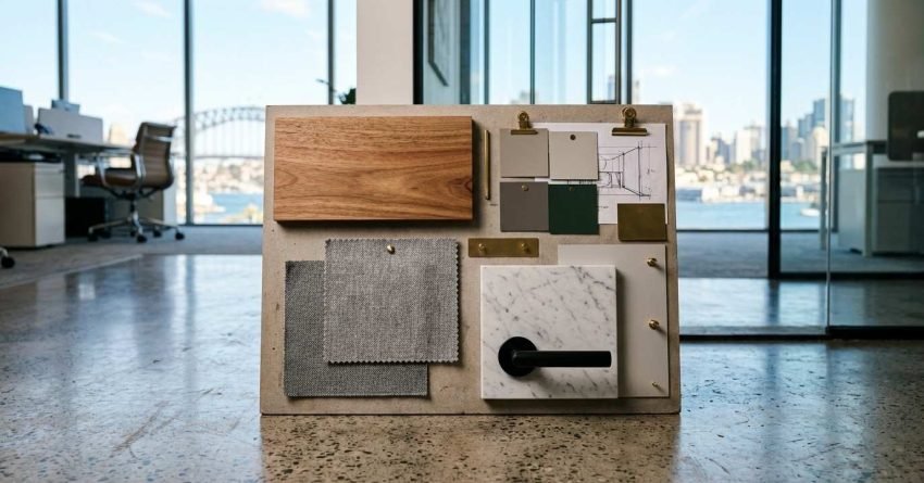 Interior design mood board with material samples, fabric swatches, and hardware selections in a modern office.