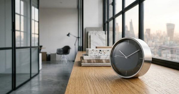 Desk clock on a wooden table in a modern office.