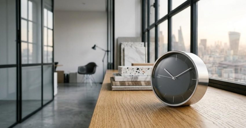 Desk clock on a wooden table in a modern office.