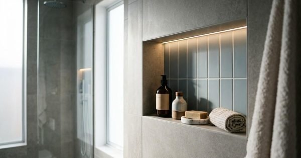 Built-in shower niche with accent tiles, integrated lighting, and organized toiletries in a modern bathroom design.