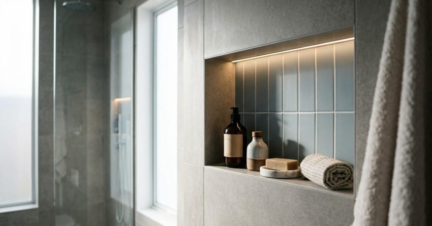 Built-in shower niche with accent tiles, integrated lighting, and organized toiletries in a modern bathroom design.