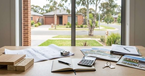 House building versus buying comparison with floor plans, cost calculator, material samples, property brochures, and homeownership planning documents.
