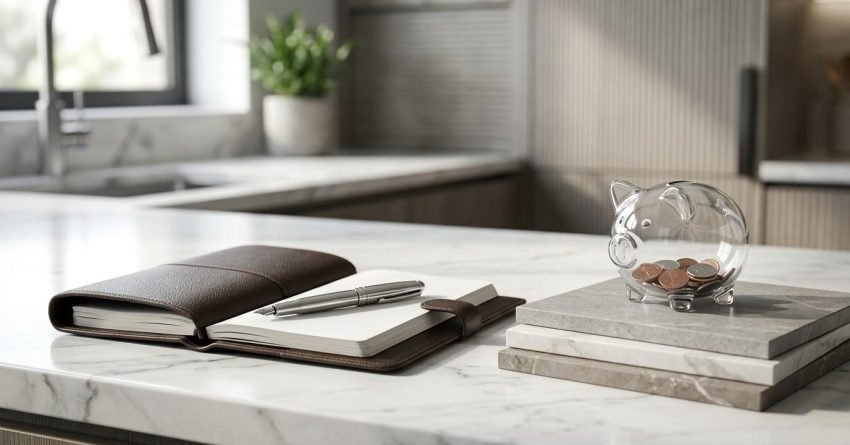 Notebook, pen, tile samples, and a piggy bank on a kitchen countertop, representing budgeting, material selection, and cost planning for a kitchen renovation project.
