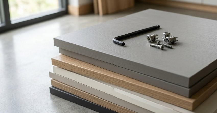 Flat-pack cabinet panels with assembly hardware and Allen key ready for installation.