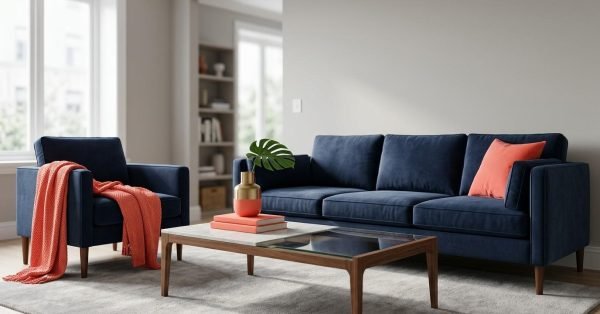 Modern living room demonstrating the 60-30-10 colour rule with a navy blue sofa, neutral walls, wooden furniture, and coral accent décor.