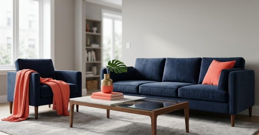 Modern living room demonstrating the 60-30-10 colour rule with a navy blue sofa, neutral walls, wooden furniture, and coral accent décor.