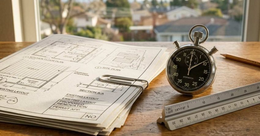 Kitchen renovation permit blueprint documents with a stopwatch, architect’s scale ruler, and planning papers on a wooden desk, representing permit processing timelines and renovation planning.
