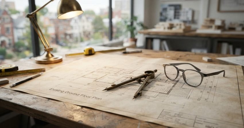 Architectural floor plan with drafting tools, compass, measuring tape, and glasses on a designer's workspace in a modern architecture studio.