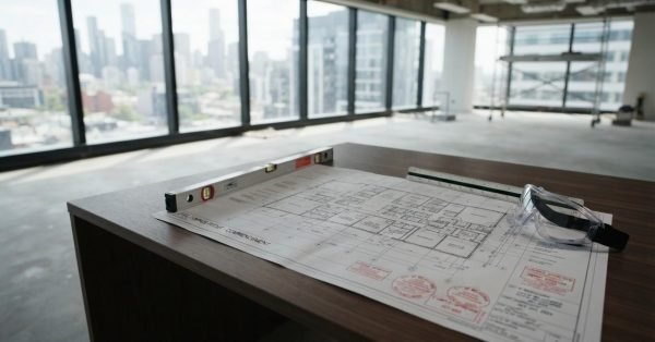 Approved commercial renovation plans with safety goggles inside an office construction site.