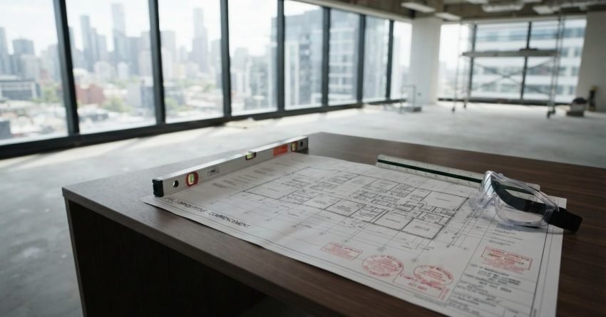 Approved commercial renovation plans with safety goggles inside an office construction site.