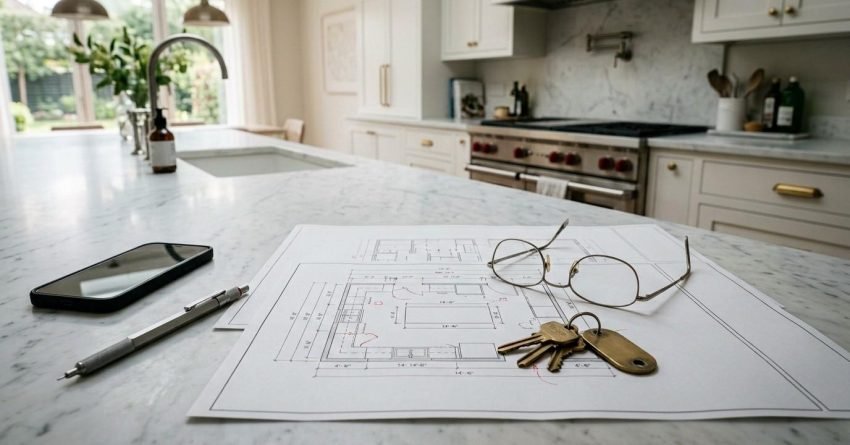 Kitchen permit application documents with renovation floor plan, house keys, glasses, smartphone, and pen on a modern kitchen island, representing remodeling planning and permit approval.