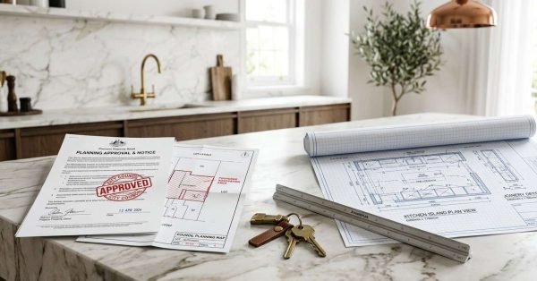 Council approval notice, building permit plans, kitchen blueprint, ruler, and house keys displayed on a modern kitchen island, illustrating the difference between council approval and building permits for a kitchen renovation.