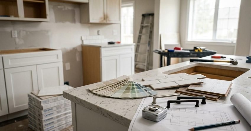 Kitchen renovation cost planning with material samples, design drawings, cabinet installation, and tile selections.