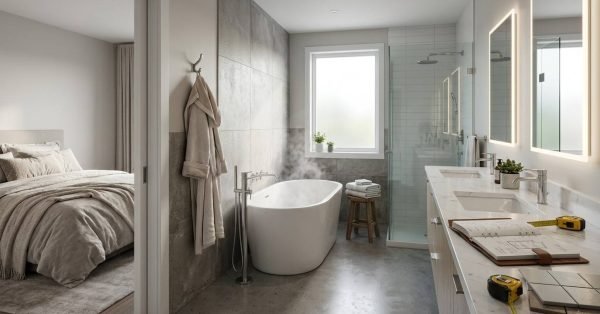 Modern ensuite bathroom with freestanding tub and double vanity.