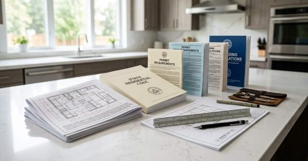 Kitchen remodel permit requirements with residential code books, permit documents, blueprints, ruler, and planning tools on a modern kitchen island.