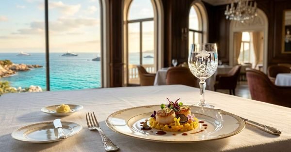 Gourmet seafood dish served in an elegant oceanfront restaurant with panoramic sea views.