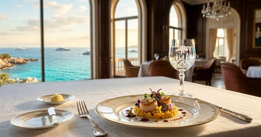 Gourmet seafood dish served in an elegant oceanfront restaurant with panoramic sea views.