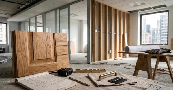 Office renovation workspace with cabinet samples and construction tools.