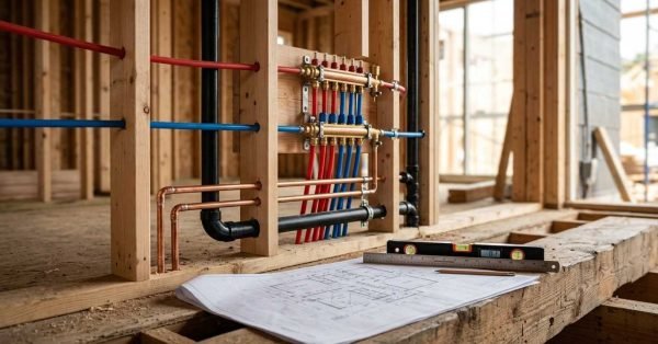Plumbing rough-in installation in a custom home.