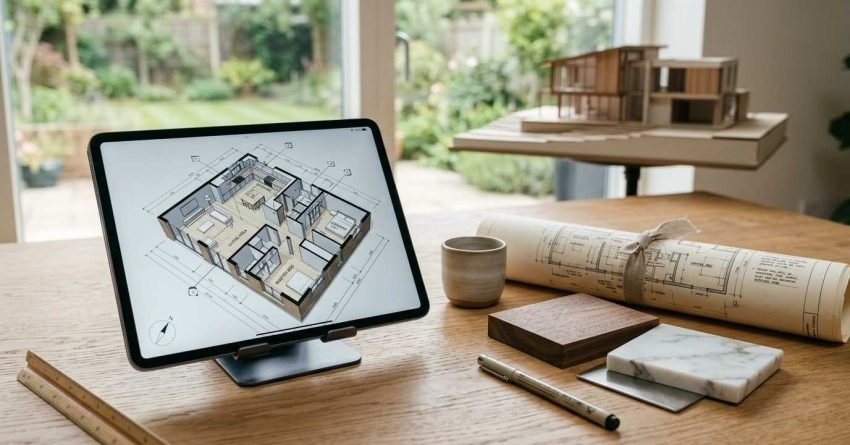 Tablet displaying a 3D house floor plan with architectural drawings, material samples, and a scale model for home design planning.