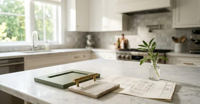 Kitchen renovation materials and design plans on a marble island.