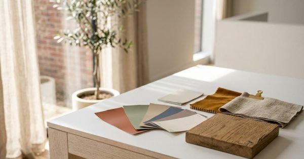 Paint color swatches, fabric samples, and a wood finish sample arranged on a countertop, illustrating interior design planning and material selection for a home renovation.