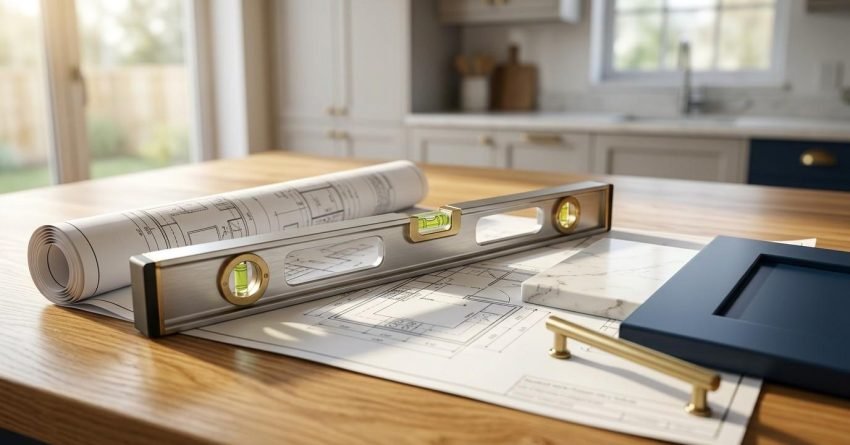 Spirit level, kitchen renovation blueprint, cabinet door sample, countertop sample, and hardware arranged on a kitchen island.