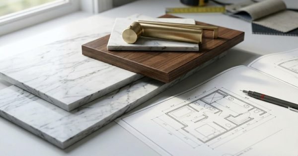 Bathroom renovation materials and design plans on a workspace.