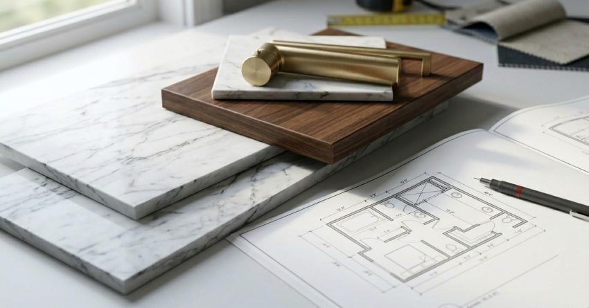 Bathroom renovation materials and design plans on a workspace.
