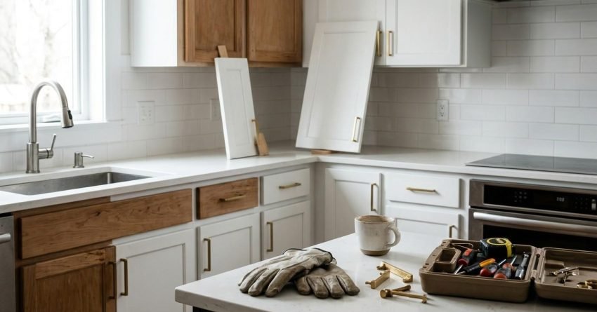Kitchen cabinet refacing project with replacement cabinet doors, hardware tools, and updated finishes in a modern kitchen.