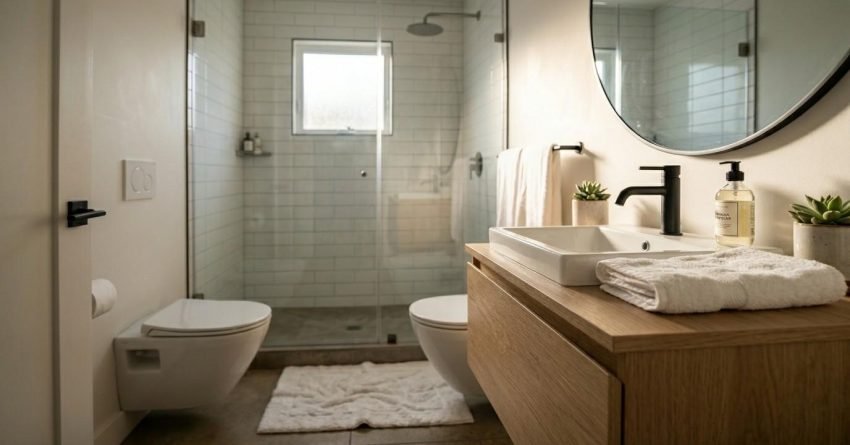 Modern bathroom with floating vanity and glass shower.