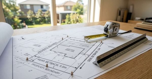 Architectural site plan showing property setbacks, extension layout, and boundary measurements with drafting tools on a planning table.
