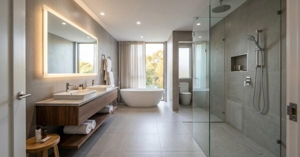 Luxury hotel bathroom renovation featuring a floating double vanity, illuminated mirror, freestanding soaking tub, frameless glass walk-in shower, large-format tile finishes, and contemporary spa-inspired design.