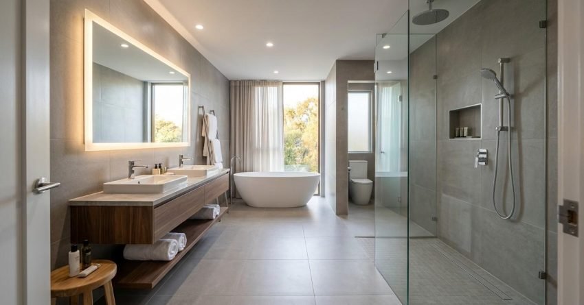 Luxury hotel bathroom renovation featuring a floating double vanity, illuminated mirror, freestanding soaking tub, frameless glass walk-in shower, large-format tile finishes, and contemporary spa-inspired design.