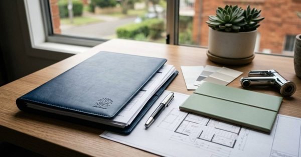 Bathroom renovation approval documents, floor plan, tile samples, and faucet fixture on a planning desk.