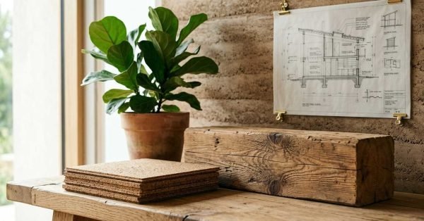 Sustainable building materials with architectural plans and indoor plant.