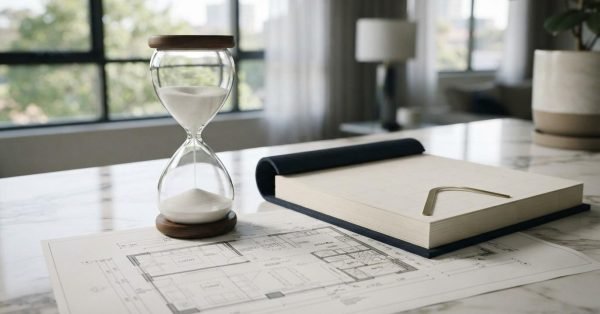 Hourglass, calendar, and bathroom floor plan illustrating renovation timeline and project planning.