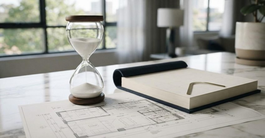 Hourglass, calendar, and bathroom floor plan illustrating renovation timeline and project planning.