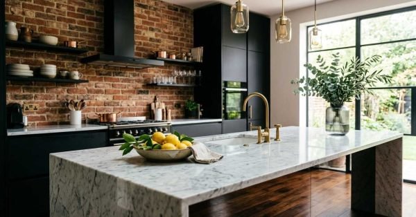 Luxury kitchen with marble island and exposed brick wall.