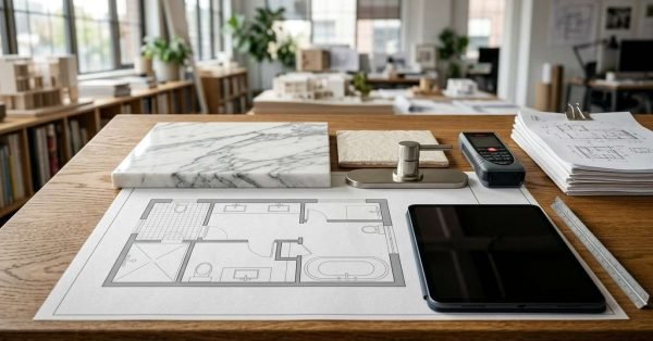 Bathroom renovation planning workspace with design materials.