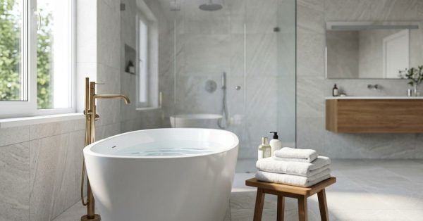 Luxury bathroom with freestanding bathtub, frameless glass shower, floating timber vanity, and premium stone finishes.